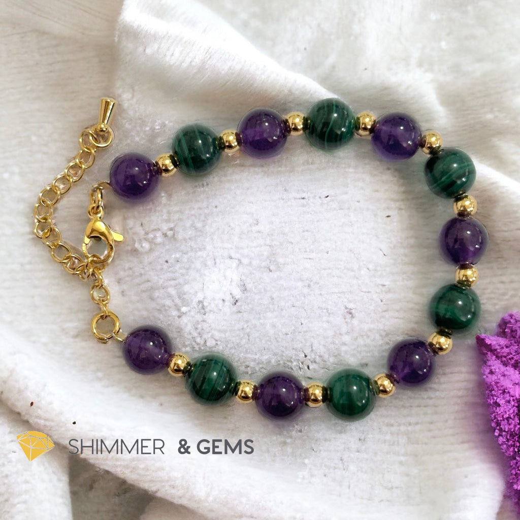 Success Vibes 8mm Bracelet with stainless steel beads and chain (Malachite & Amethyst)