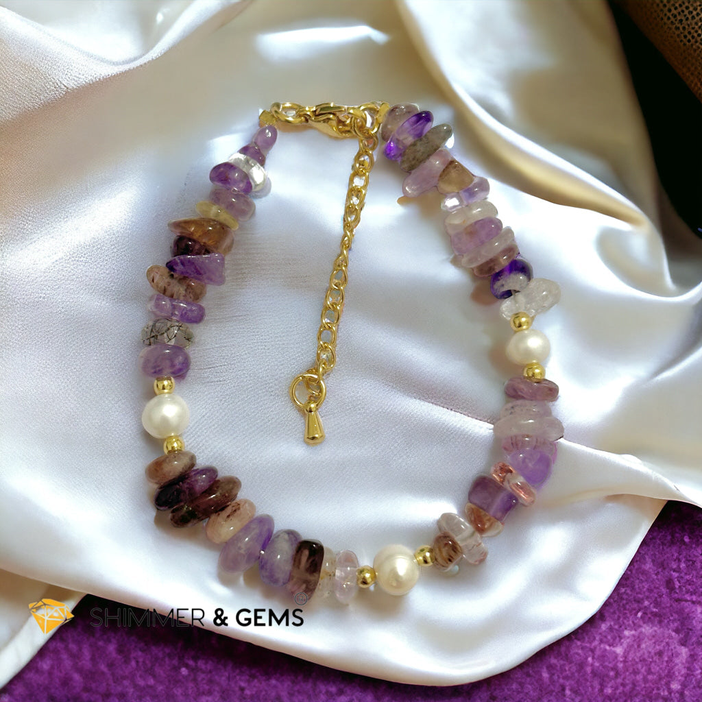 Super 7 Chips & Freshwater Pearl 14k gold plated Stainless steel Chain Bracelet