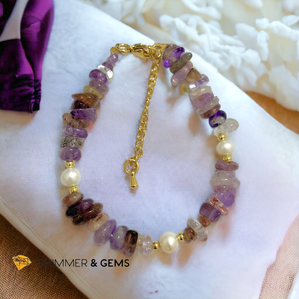 Super 7 Chips & Freshwater Pearl 14k gold plated Stainless steel Chain Bracelet