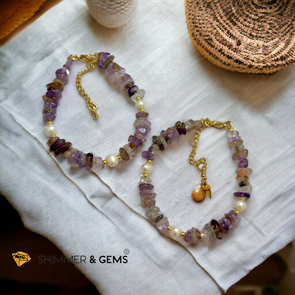 Super 7 Chips & Freshwater Pearl 14k gold plated Stainless steel Chain Bracelet