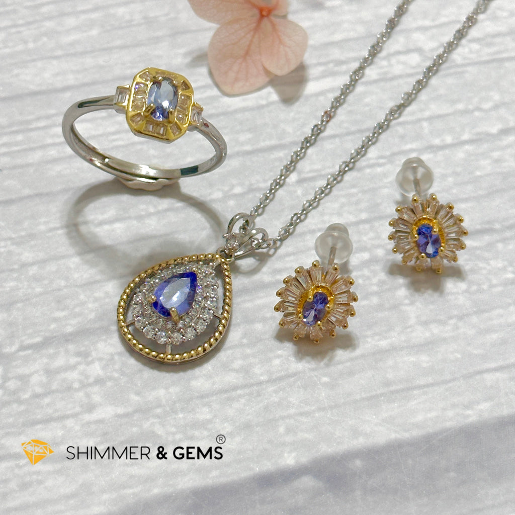 Tanzanite 925 Silver/Yellow Gold Jewelry Set (Ring, Earrings, Necklace)