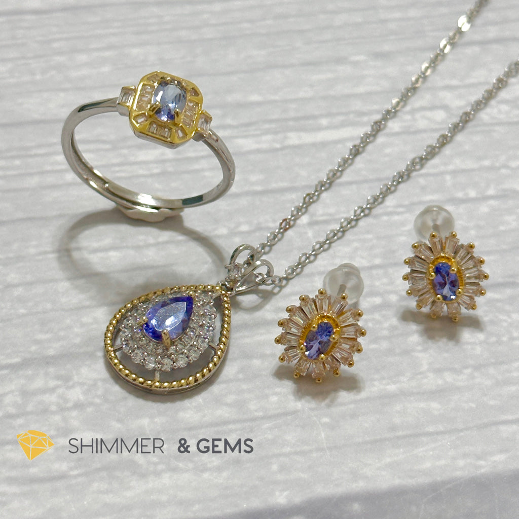 Tanzanite 925 Silver/Yellow Gold Jewelry Set (Ring, Earrings, Necklace)
