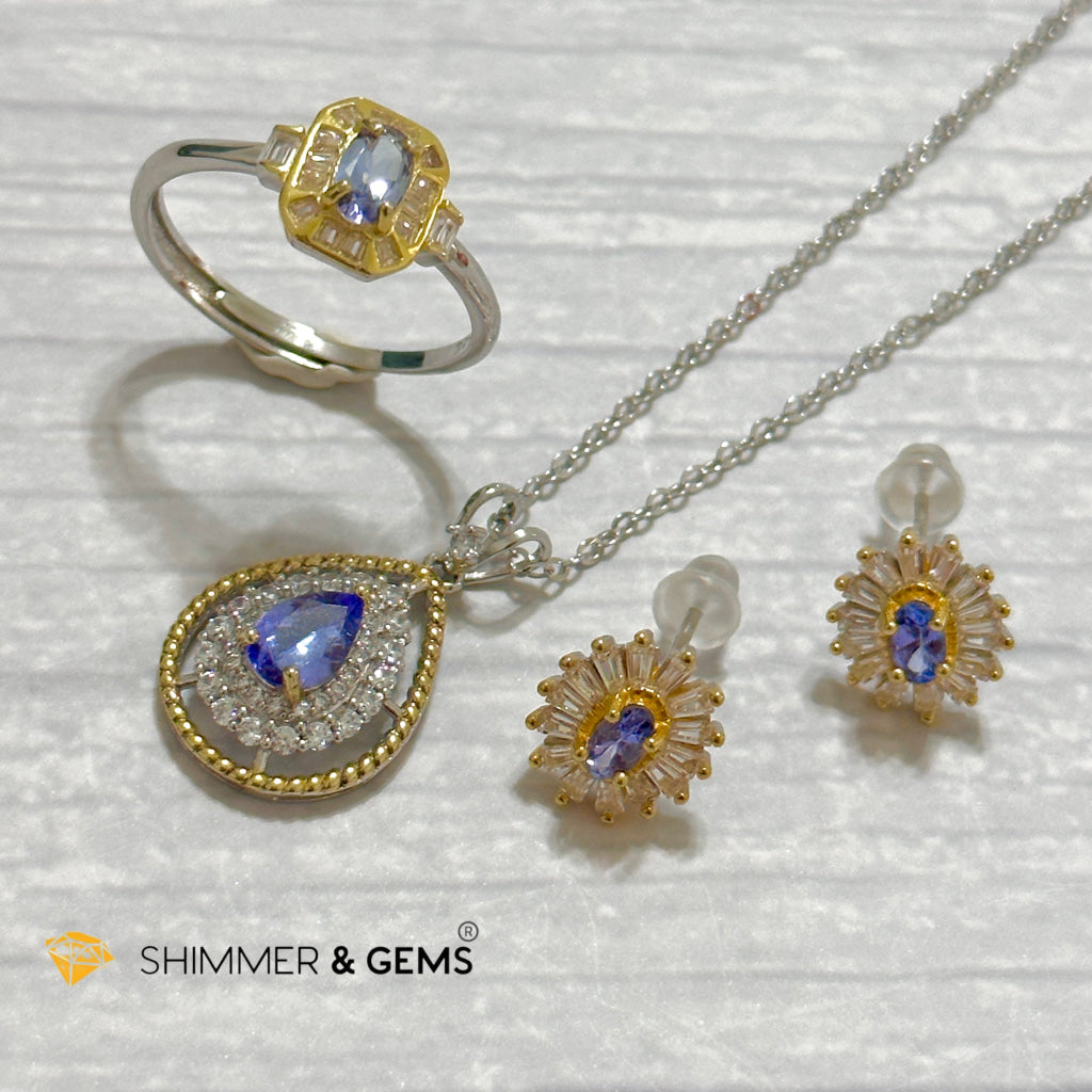 Tanzanite 925 Silver/Yellow Gold Jewelry Set (Ring, Earrings, Necklace)