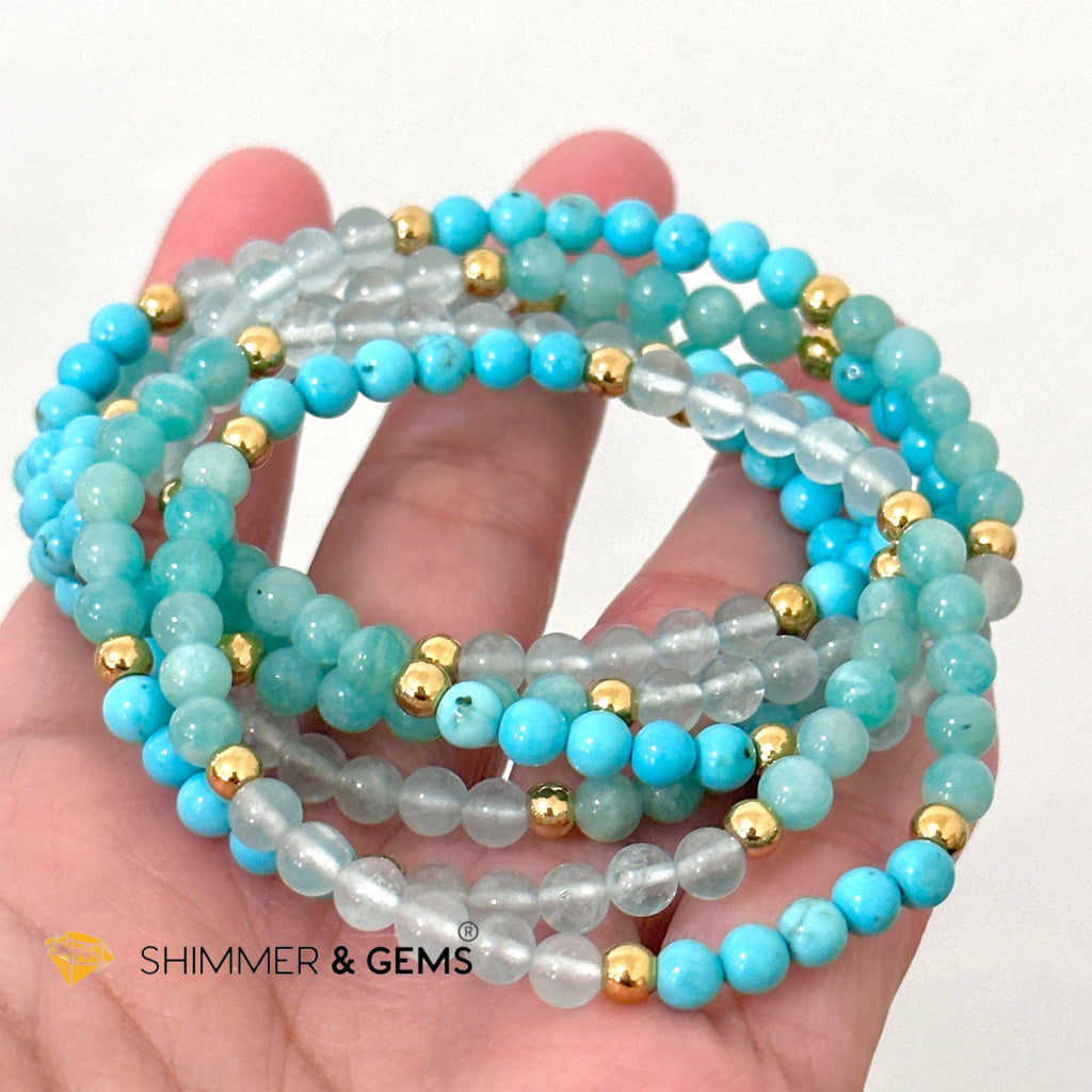 Throat Chakra Communication Remedy Bracelet 4mm with stainless steel beads (Turquoise, Amazonite & Aquamarine)