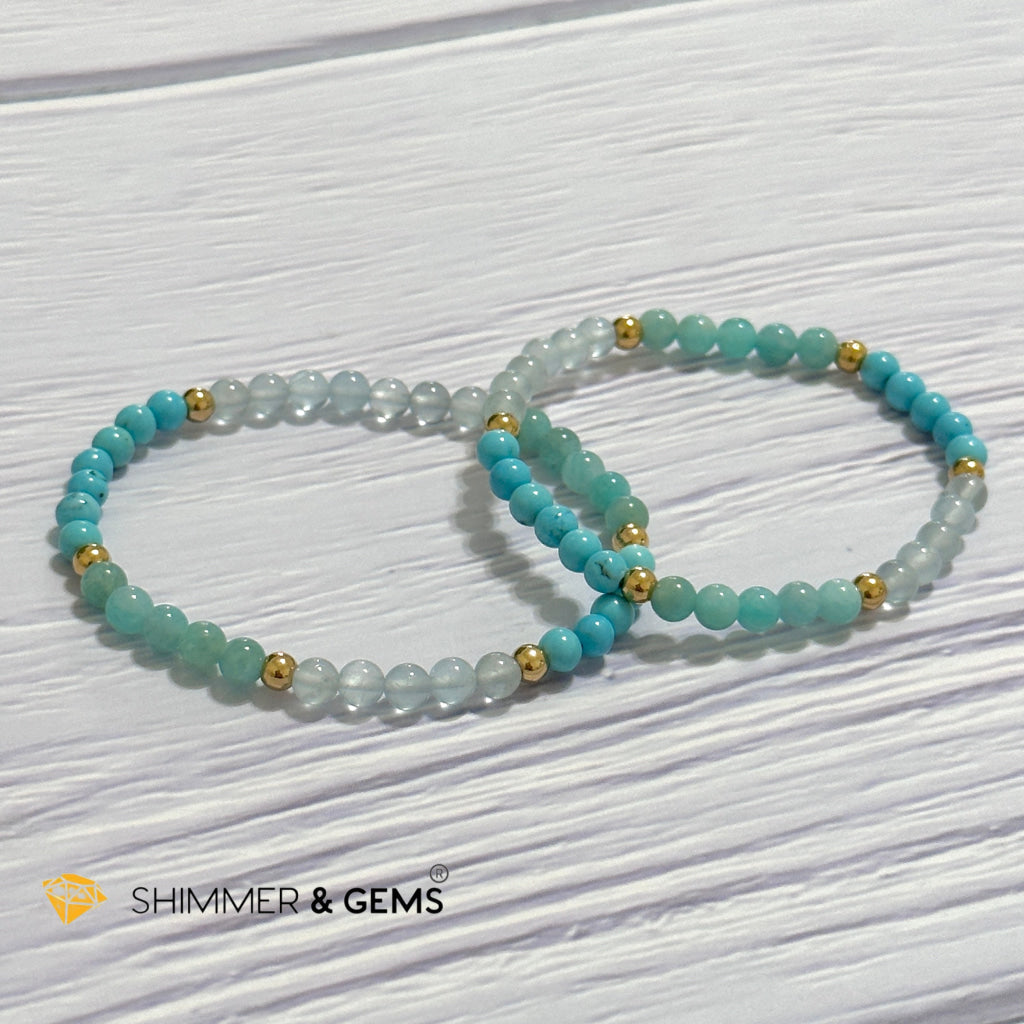 Throat Chakra Communication Remedy Bracelet 4mm with stainless steel beads (Turquoise, Amazonite & Aquamarine)