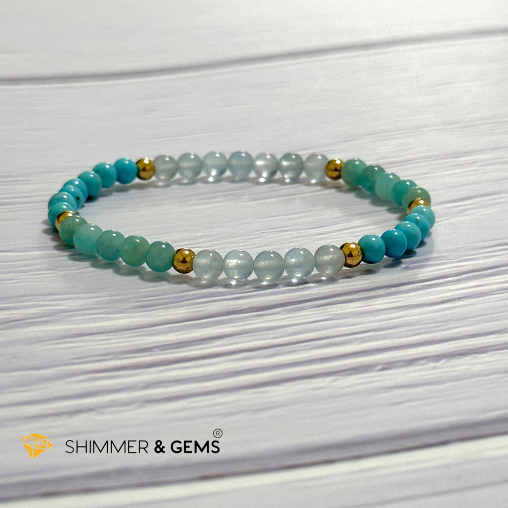 Throat Chakra Communication Remedy Bracelet 4mm with stainless steel beads (Turquoise, Amazonite & Aquamarine)