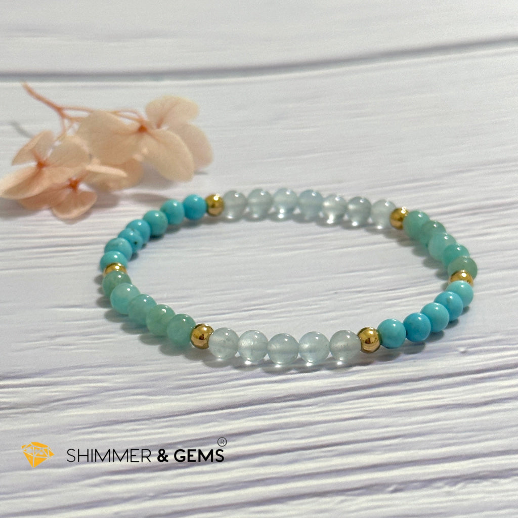 Throat Chakra Communication Remedy Bracelet 4mm with stainless steel beads (Turquoise, Amazonite & Aquamarine)