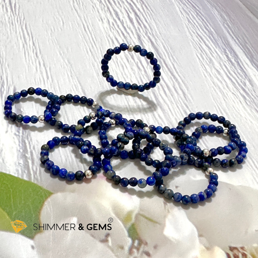 Throat Chakra Lapis Lazuli 3mm Beads Ring with 925 Silver