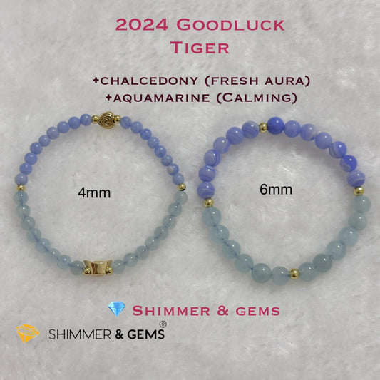 Tiger Animal Zodiac 2024 Goodluck Bracelet (Chalcedony & Aquamarine) Feng Shui