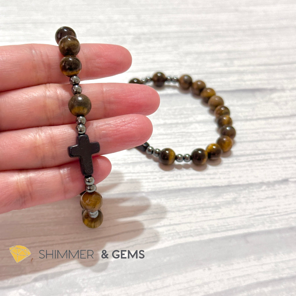 Tiger’s Eye Single Decade Rosary Bracelet (with Hematite)