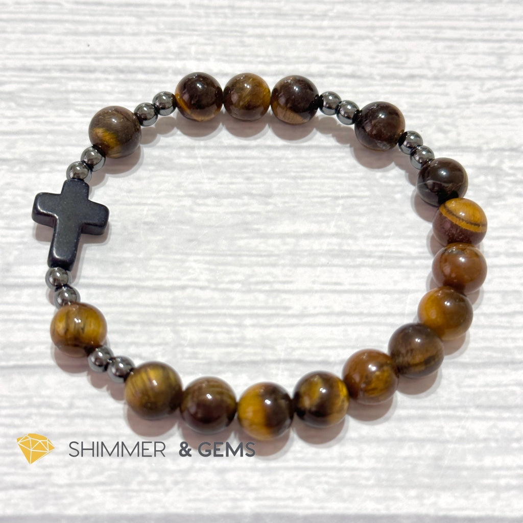 Tiger’s Eye Single Decade Rosary Bracelet (with Hematite)