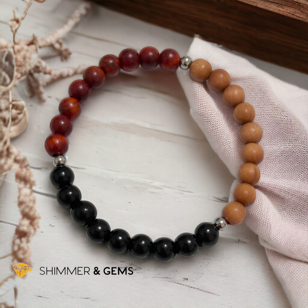 Triple Wood Bracelet for Luck & Protection (Sandalwood, Ebony & Raja Kayu 6mm) with Stainless Steel Beads