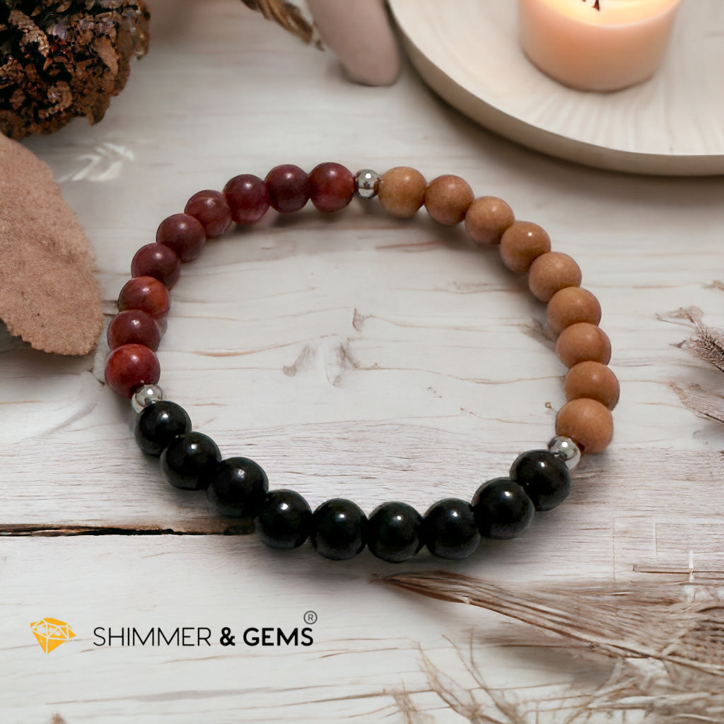 Triple Wood Bracelet for Luck & Protection (Sandalwood, Ebony & Raja Kayu 6mm) with Stainless Steel Beads