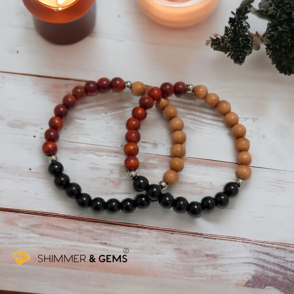 Triple Wood Bracelet for Luck & Protection (Sandalwood, Ebony & Raja Kayu 6mm) with Stainless Steel Beads