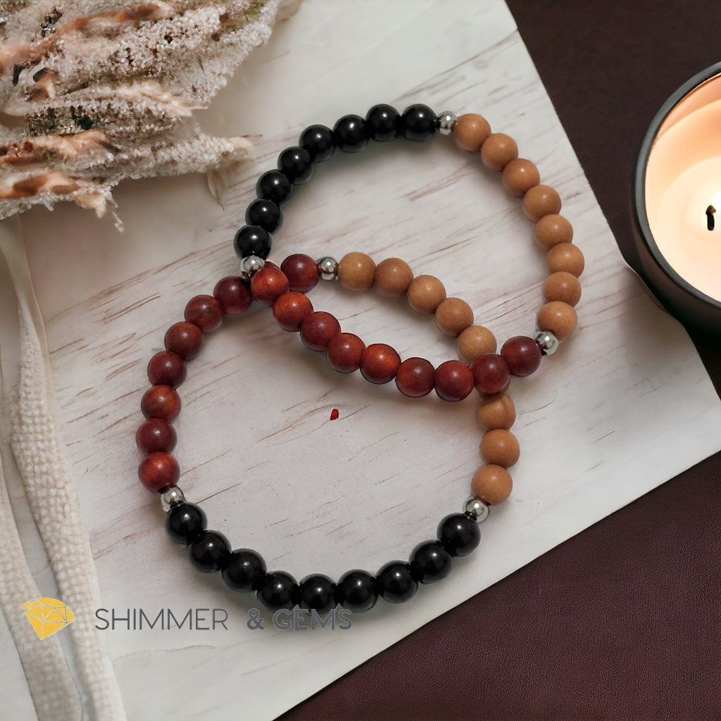 Triple Wood Bracelet for Luck & Protection (Sandalwood, Ebony & Raja Kayu 6mm) with Stainless Steel Beads