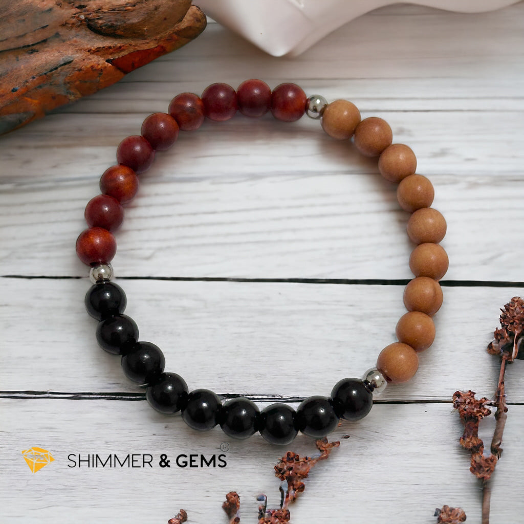 Triple Wood Bracelet for Luck & Protection (Sandalwood, Ebony & Raja Kayu 6mm) with Stainless Steel Beads