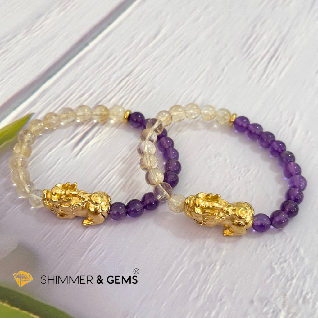 Wealth & Career Success Pixiu Bracelet (Stainless Steel) Citrine and Amethyst 6mm