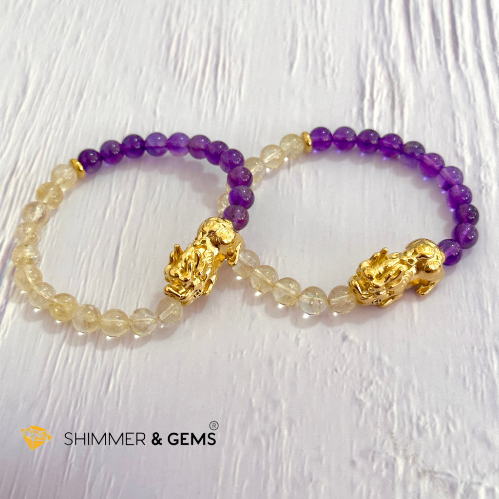 Wealth & Career Success Pixiu Bracelet (Stainless Steel) Citrine and Amethyst 6mm