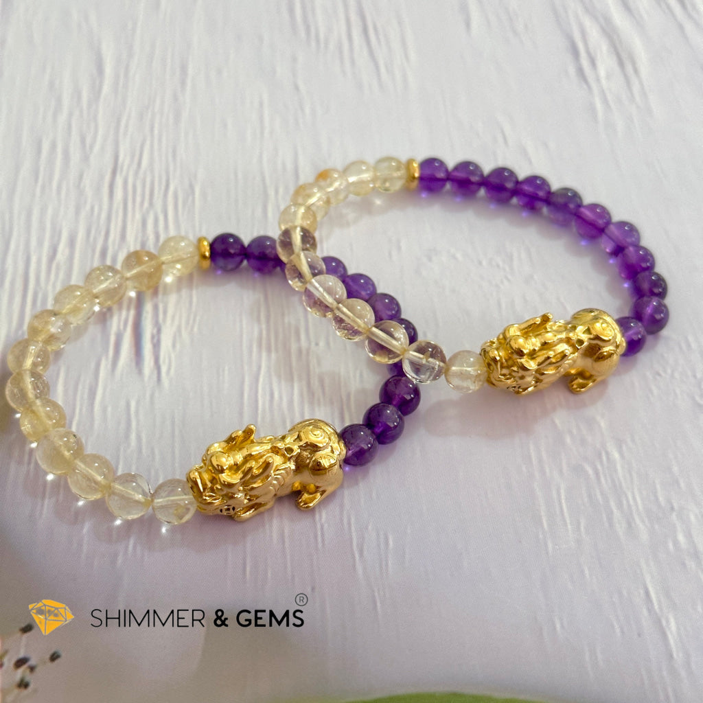 Wealth & Career Success Pixiu Bracelet (Stainless Steel) Citrine and Amethyst 6mm