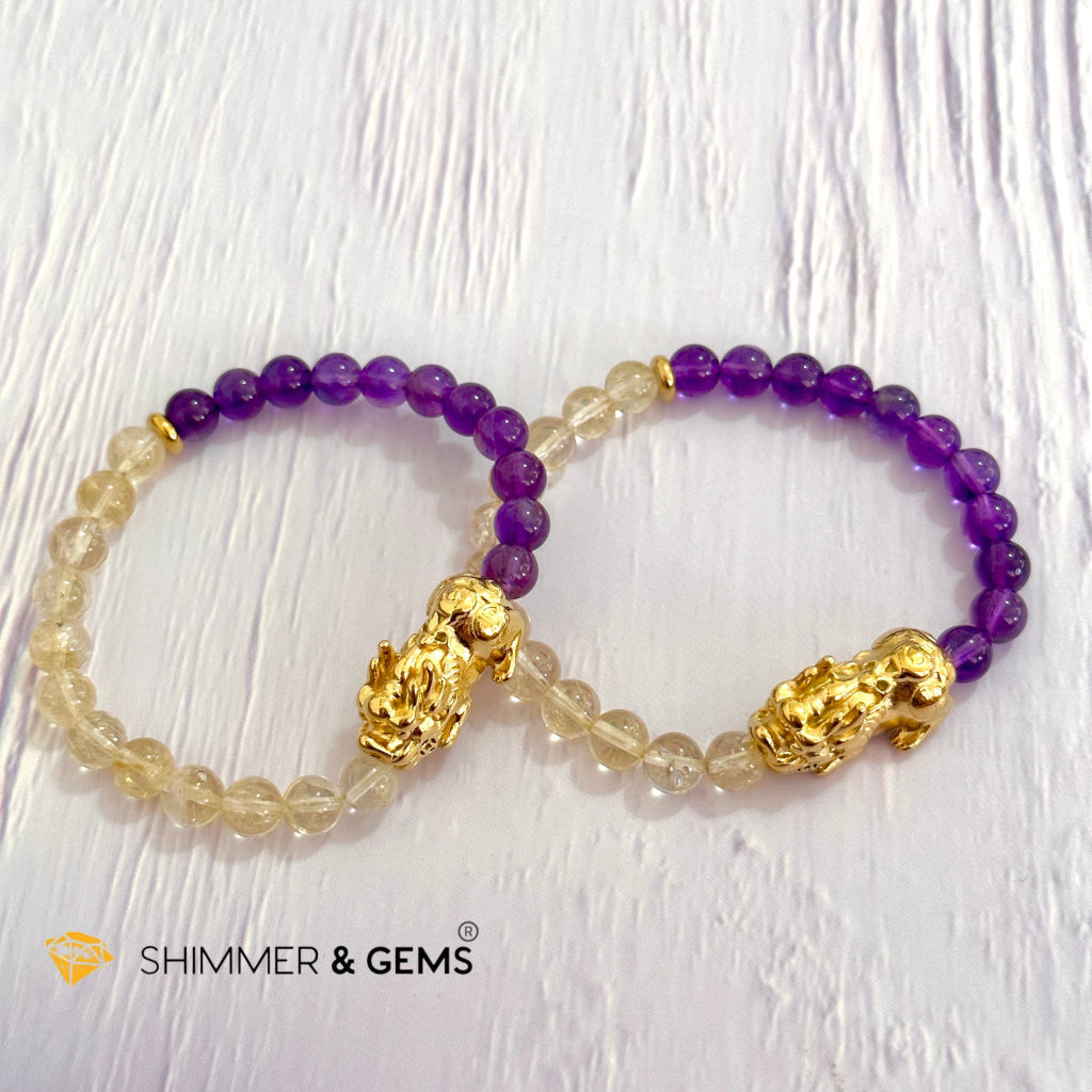 Wealth & Career Success Pixiu Bracelet (Stainless Steel) Citrine and Amethyst 6mm