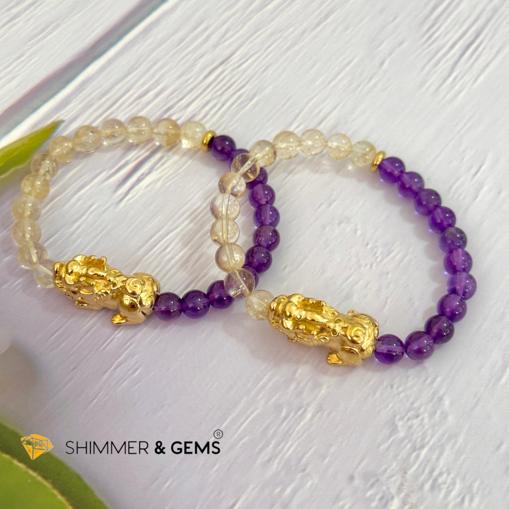 Wealth & Career Success Pixiu Bracelet (Stainless Steel) Citrine and Amethyst 6mm