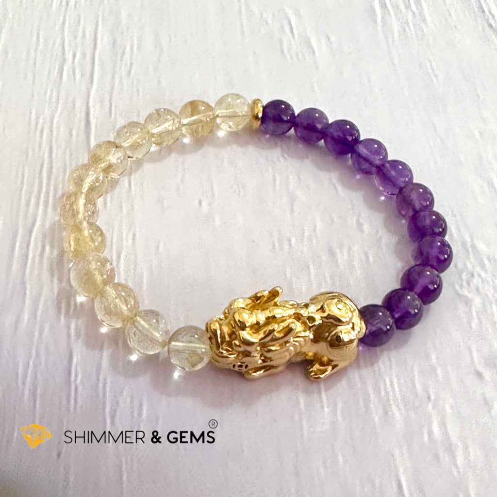 Wealth & Career Success Pixiu Bracelet (Stainless Steel) Citrine and Amethyst 6mm