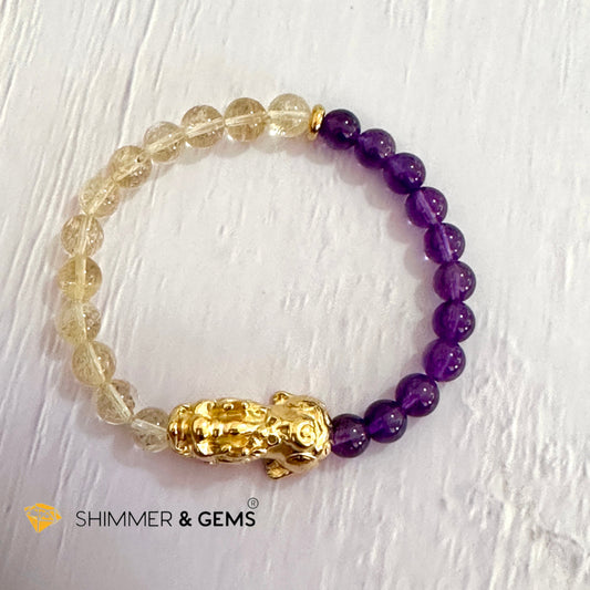 Wealth & Career Success Pixiu Bracelet (Stainless Steel) Citrine and Amethyst 6mm