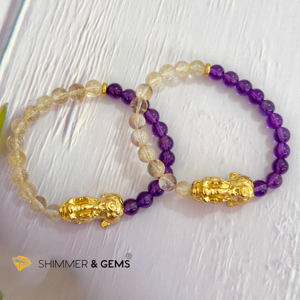 Wealth & Career Success Pixiu Bracelet (Stainless Steel) Citrine and Amethyst 6mm