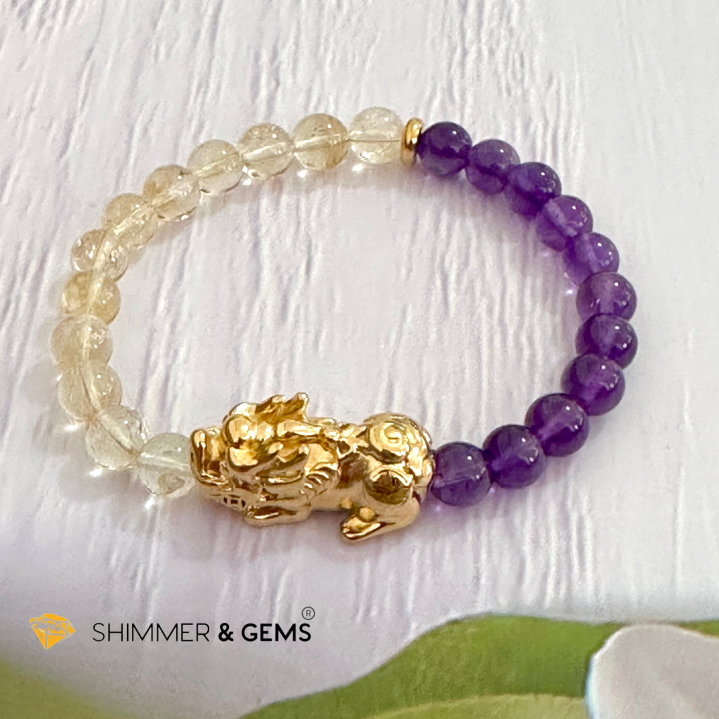 Wealth & Career Success Pixiu Bracelet (Stainless Steel) Citrine and Amethyst 6mm