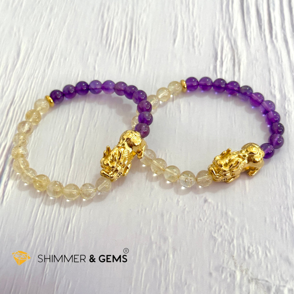 Wealth & Career Success Pixiu Bracelet (Stainless Steel) Citrine and Amethyst 6mm