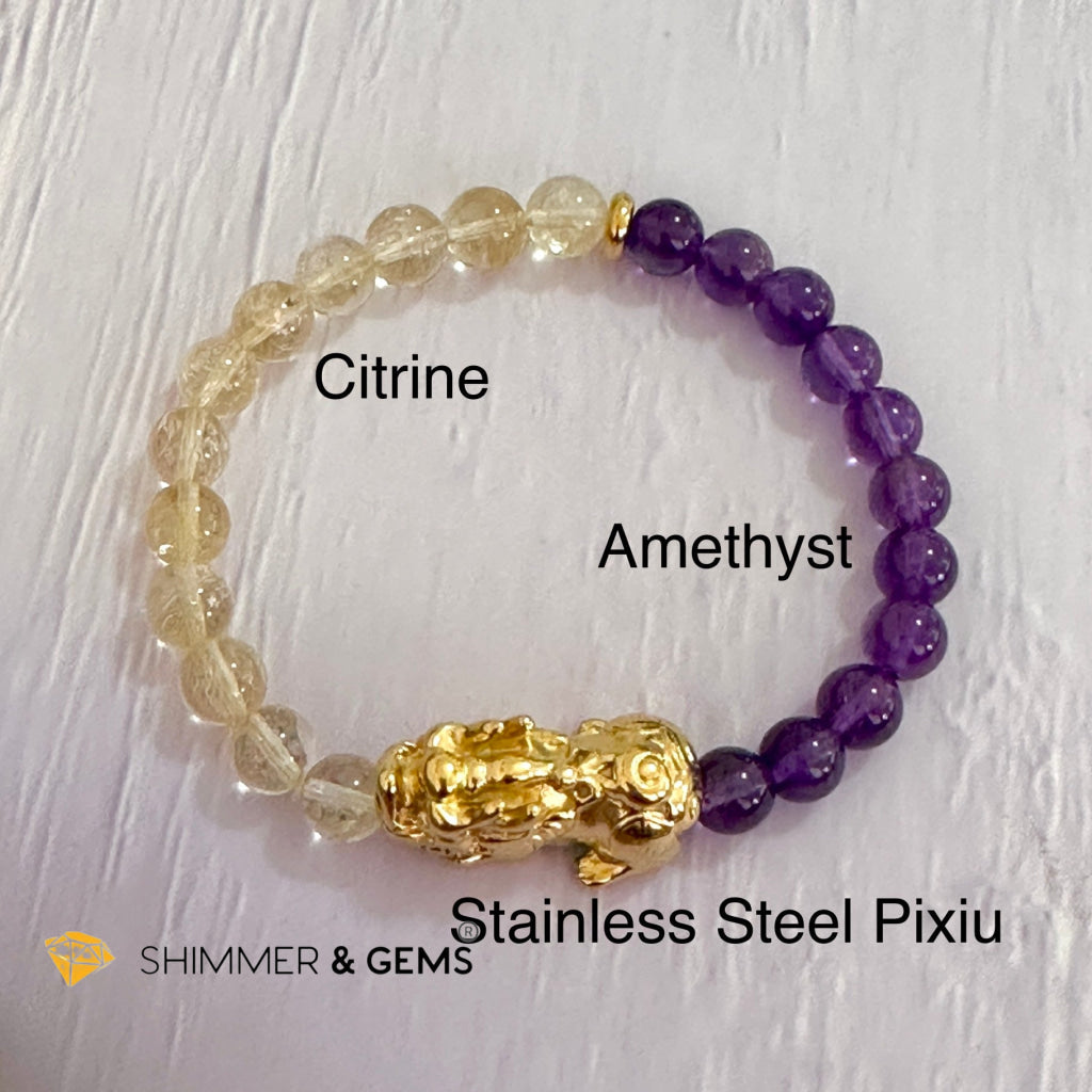 Wealth & Career Success Pixiu Bracelet (Stainless Steel) Citrine and Amethyst 6mm