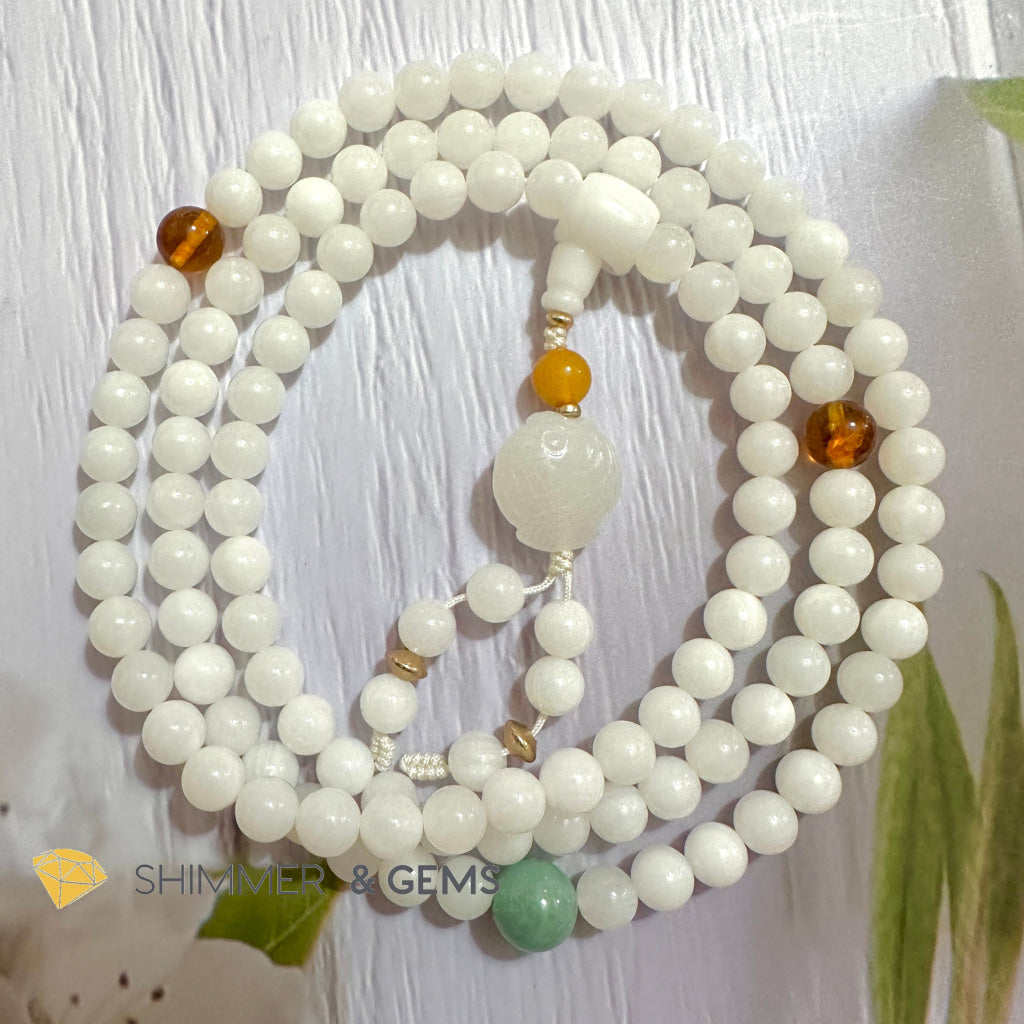 White Mother Pearl Tridacna Shell 108 Mala Beads Necklace (6mm)