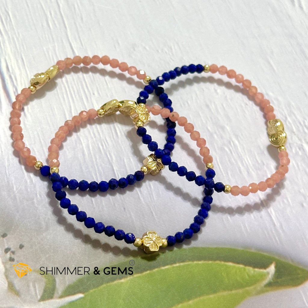 Yin Yang Remedy Bracelet (Rhodochrosite, Lapis Lazuli 4mm with 14k gold filled charm hearts, clover & beads)