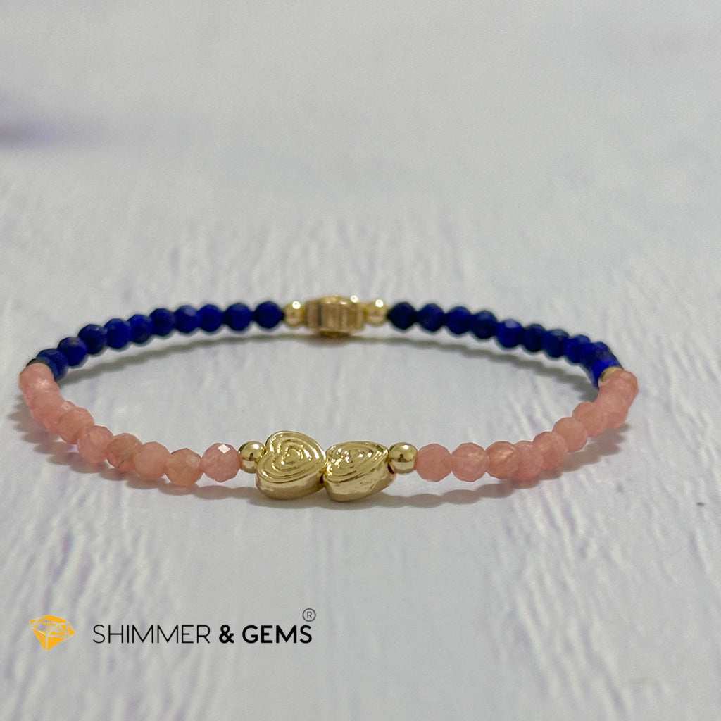 Yin Yang Remedy Bracelet (Rhodochrosite, Lapis Lazuli 4mm with 14k gold filled charm hearts, clover & beads)