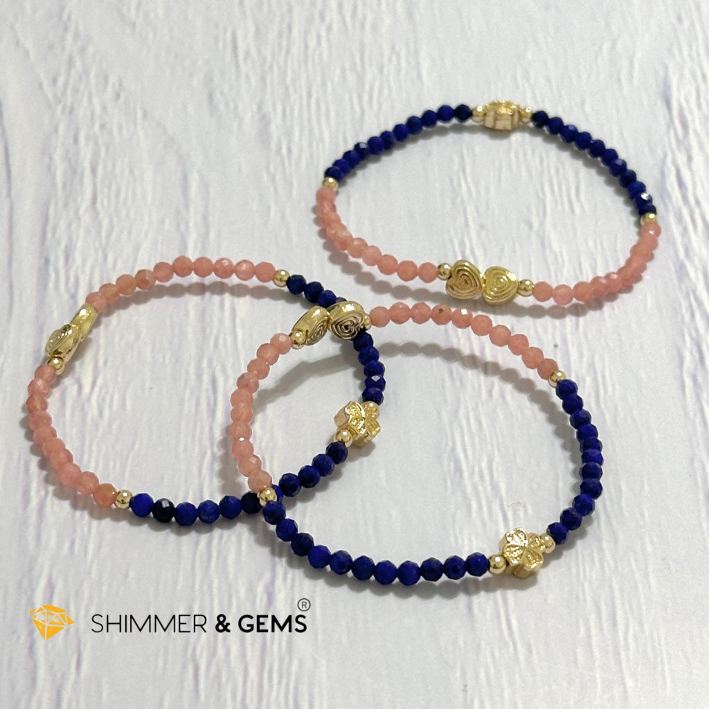 Yin Yang Remedy Bracelet (Rhodochrosite, Lapis Lazuli 4mm with 14k gold filled charm hearts, clover & beads)