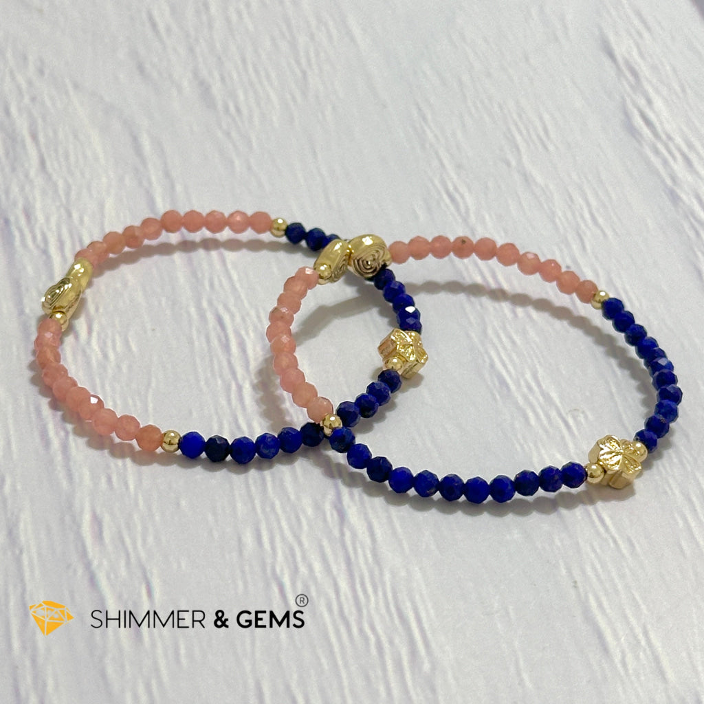 Yin Yang Remedy Bracelet (Rhodochrosite, Lapis Lazuli 4mm with 14k gold filled charm hearts, clover & beads)