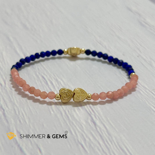 Yin Yang Remedy Bracelet (Rhodochrosite, Lapis Lazuli 4mm with 14k gold filled charm hearts, clover & beads)