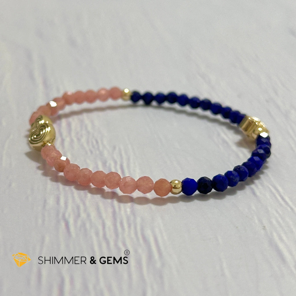 Yin Yang Remedy Bracelet (Rhodochrosite, Lapis Lazuli 4mm with 14k gold filled charm hearts, clover & beads)