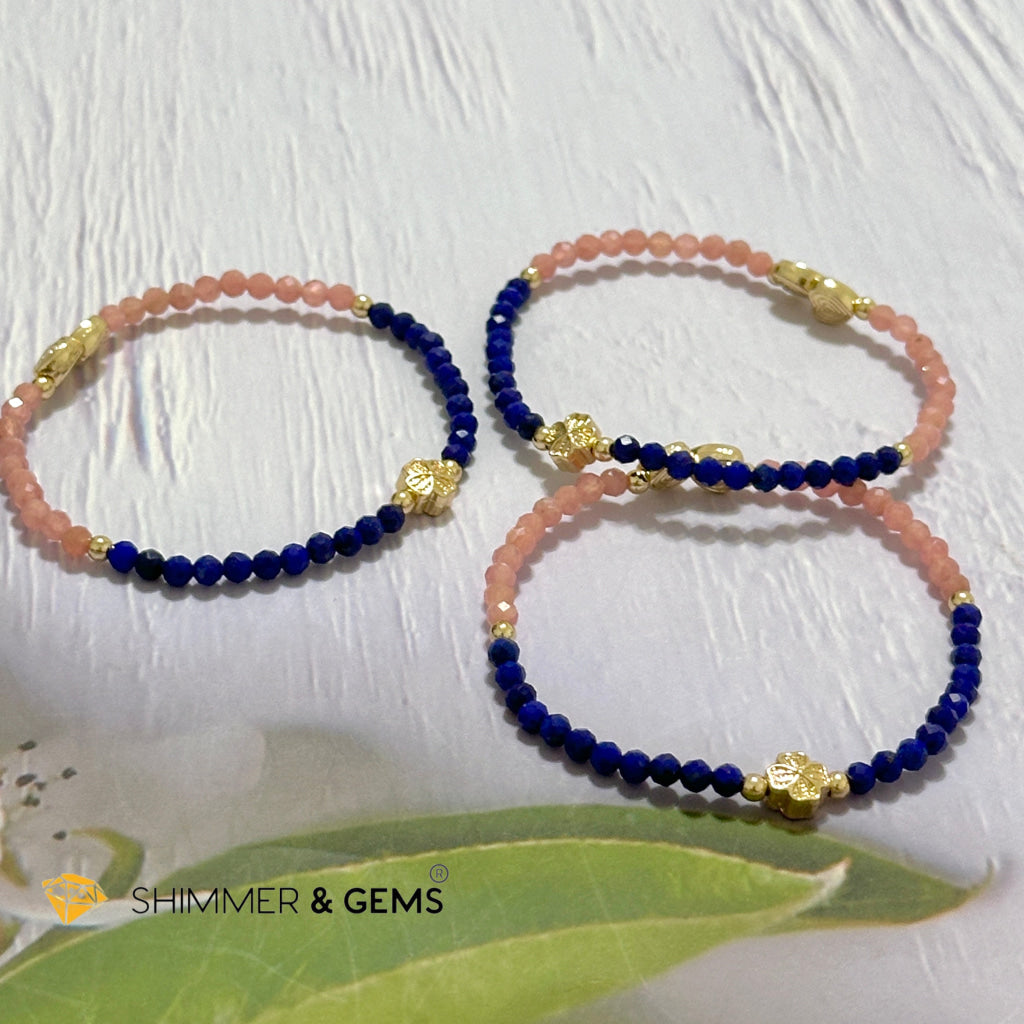 Yin Yang Remedy Bracelet (Rhodochrosite, Lapis Lazuli 4mm with 14k gold filled charm hearts, clover & beads)