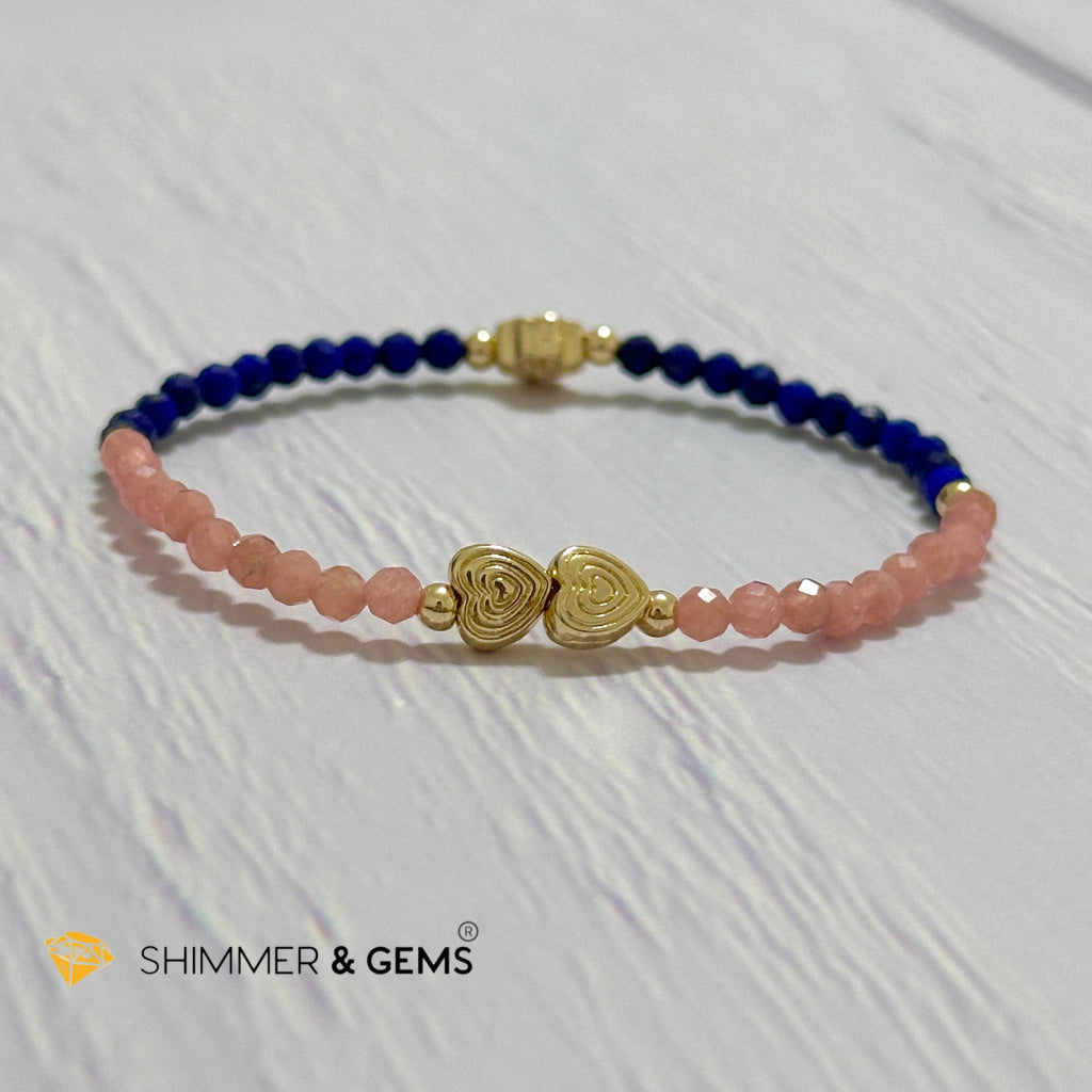 Yin Yang Remedy Bracelet (Rhodochrosite, Lapis Lazuli 4mm with 14k gold filled charm hearts, clover & beads)