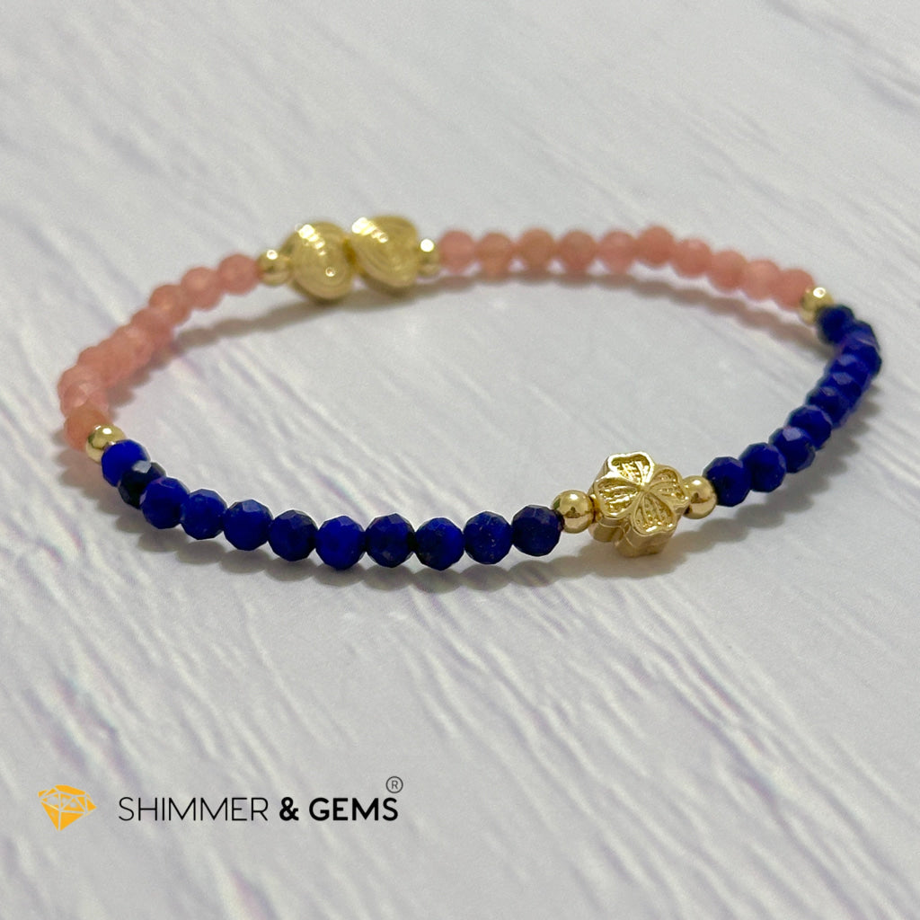 Yin Yang Remedy Bracelet (Rhodochrosite, Lapis Lazuli 4mm with 14k gold filled charm hearts, clover & beads)