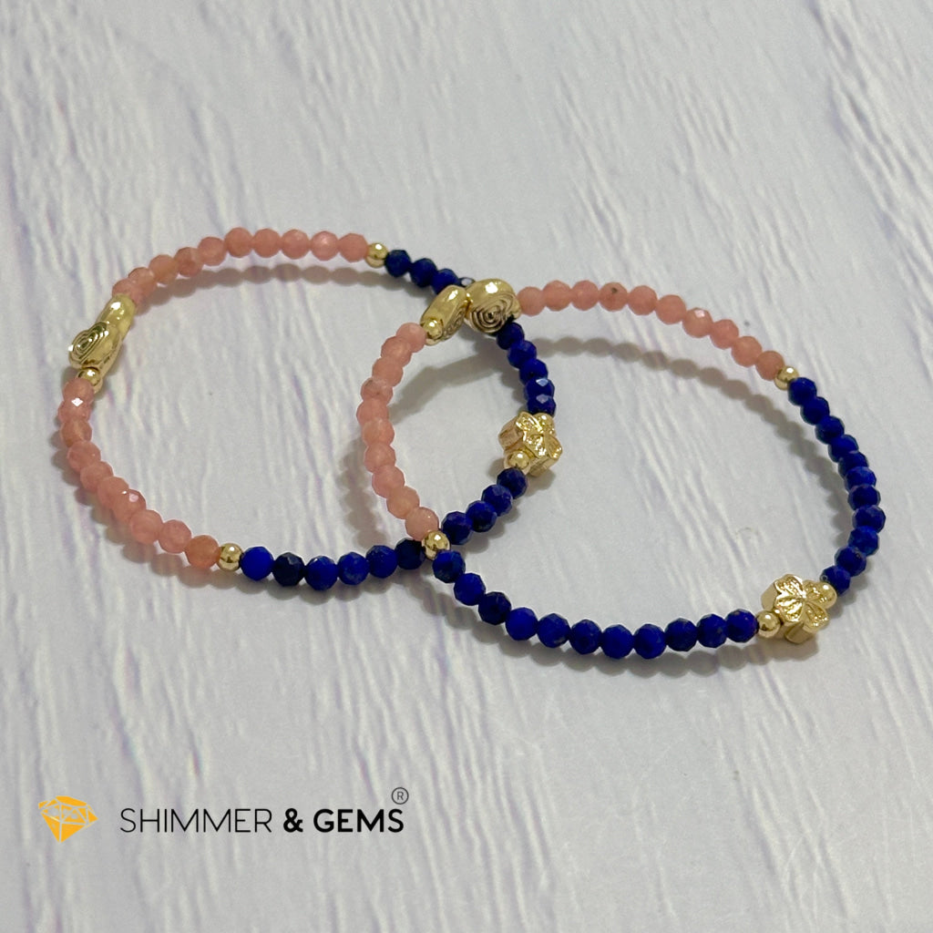 Yin Yang Remedy Bracelet (Rhodochrosite, Lapis Lazuli 4mm with 14k gold filled charm hearts, clover & beads)