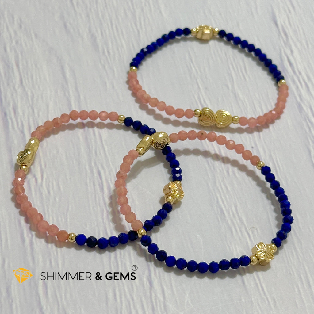 Yin Yang Remedy Bracelet (Rhodochrosite, Lapis Lazuli 4mm with 14k gold filled charm hearts, clover & beads)